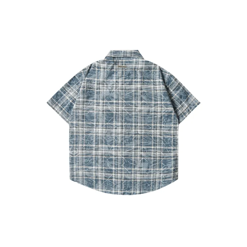 Tie Dyed Blue Plaid Short Sleeved Shirt-1