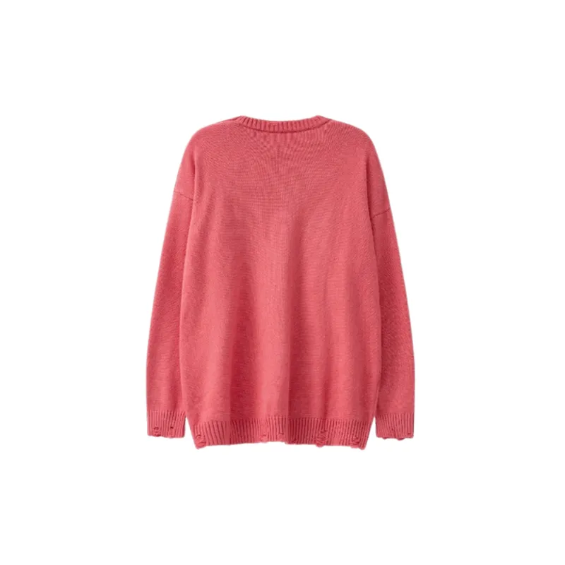 New Irregular Three dimensional Letters Jacquard Pink Round Neck Hole Base Sweater-1