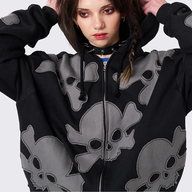 Street Zipper Skull Sweatshirt Women-1