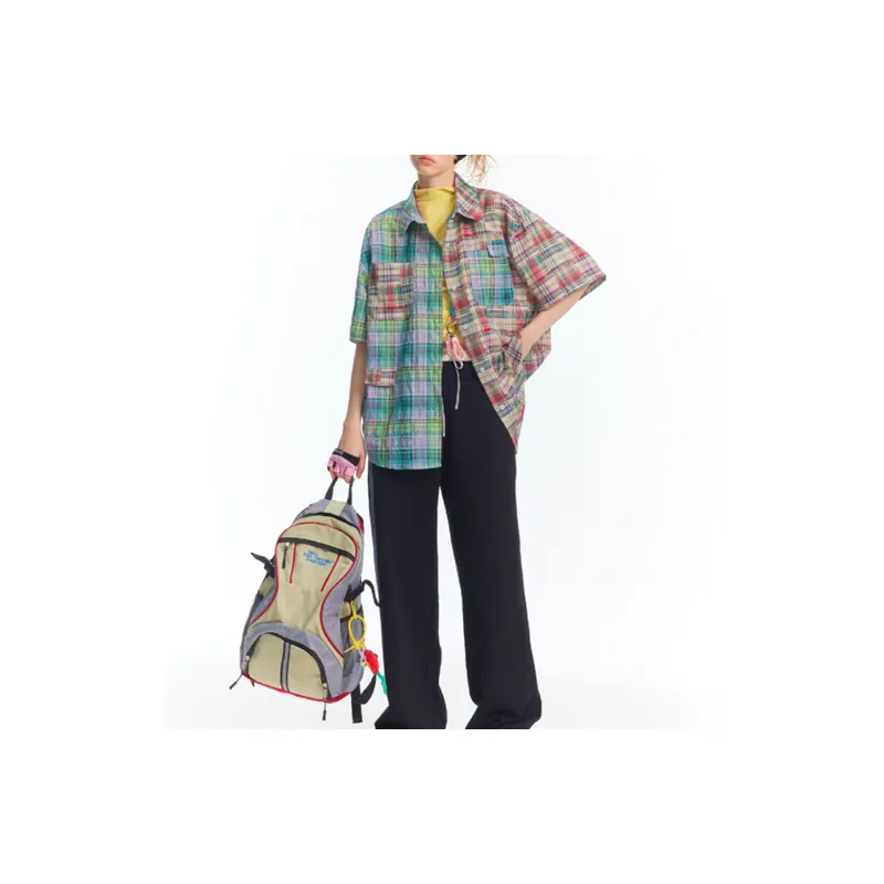 Contrast Color Asymmetric Color Grid Breathable Short Sleeved Shirt-2
