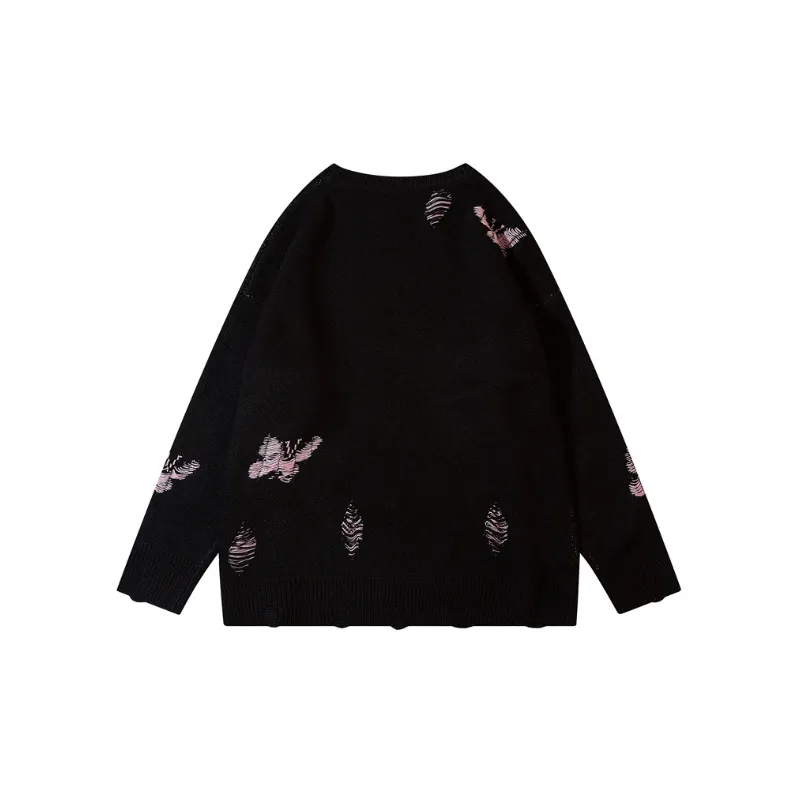 New Arrival Trendy Brand Full Face Butterfly Ripped Round Neck Lazy Loose Top-1