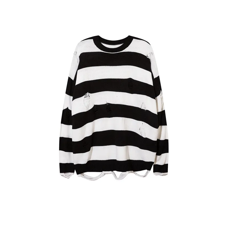 New Striped Hole Vintage High Street All match Loose Sweatshirt-0