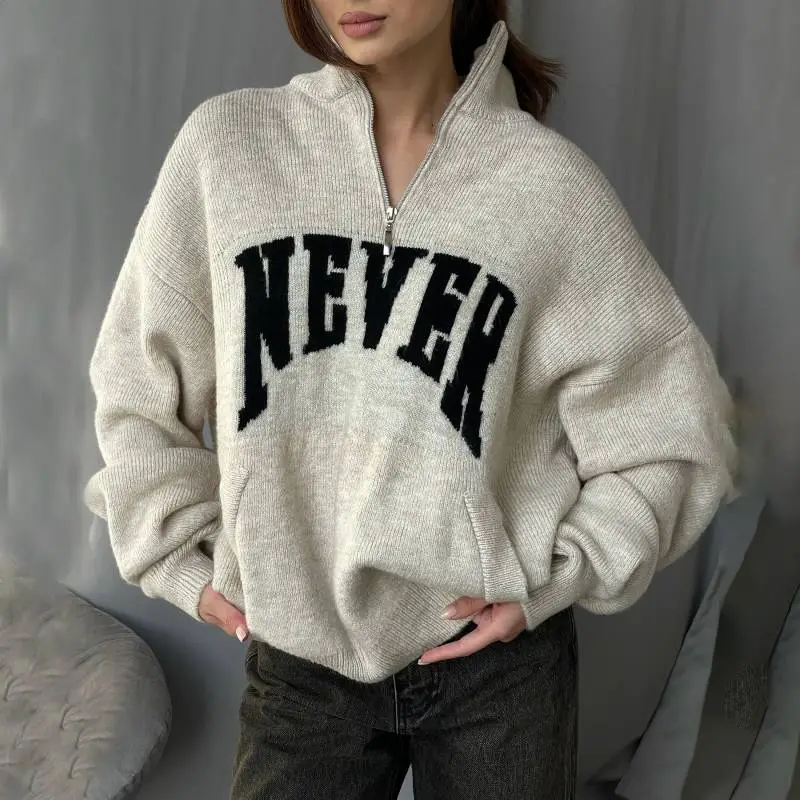 Casual Contrast Color Letter Half Zip Wool Like Fabric Sweater Women-2