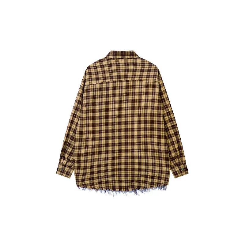 Plaid Raw Hem Cotton Blended Fabric Shirt-3