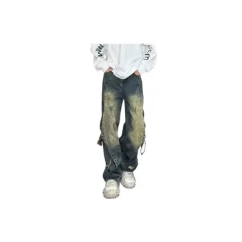 Retro Heavy Industry Old Washed Yellow Mud Jeans Stitching Design Sense