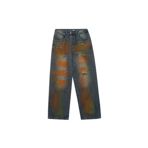 Hip-hop Retro Denim Loose Street Contrast Graffiti Print Ripped Pants