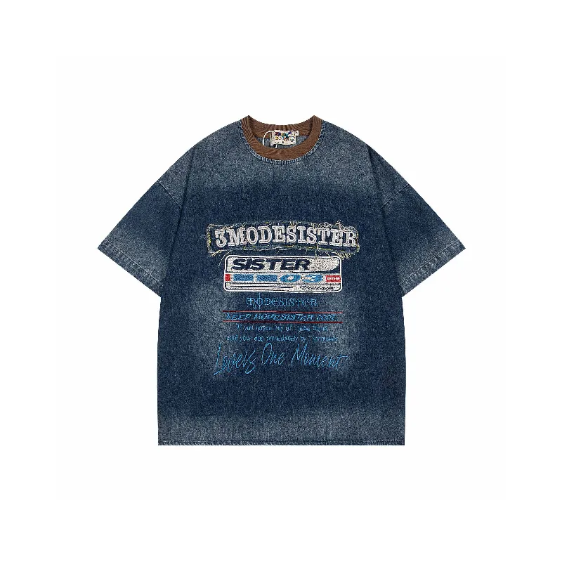 Retro Embroidery 100% Cotton T Shirt