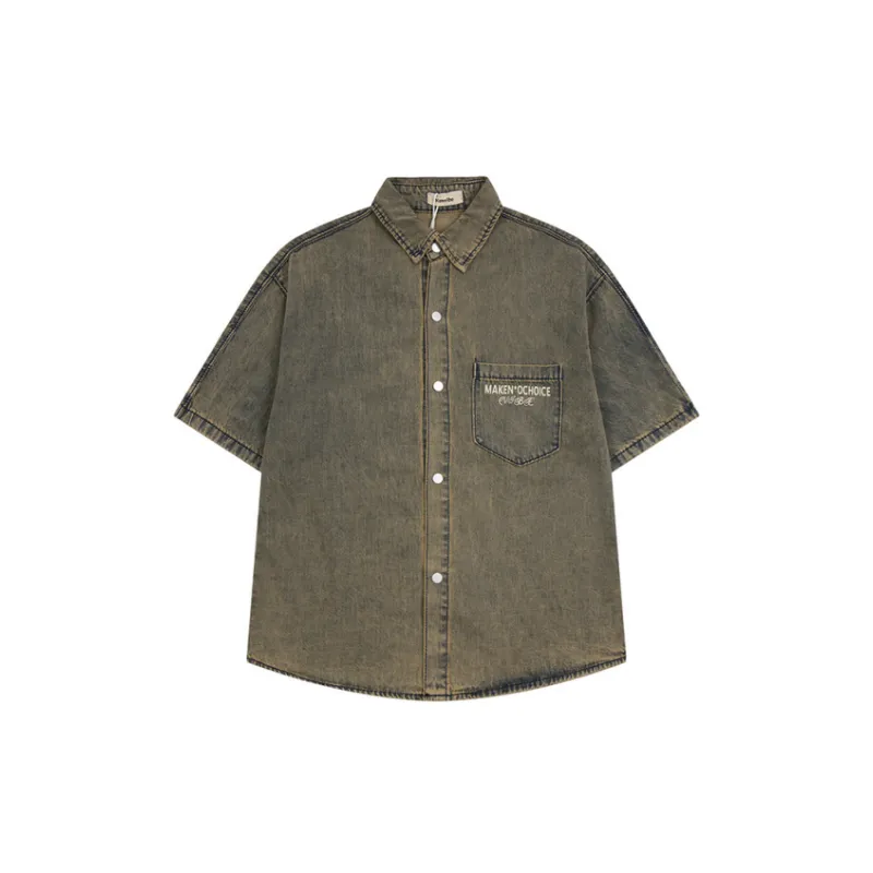 Gothic Letter Trendy Mud Dyed Denim Shirt-0