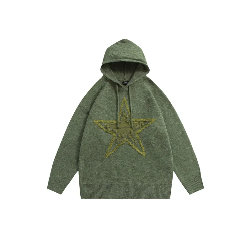 New Trendy Brand Jacquard Star Color mixed Fringe Loose Hoodie-0