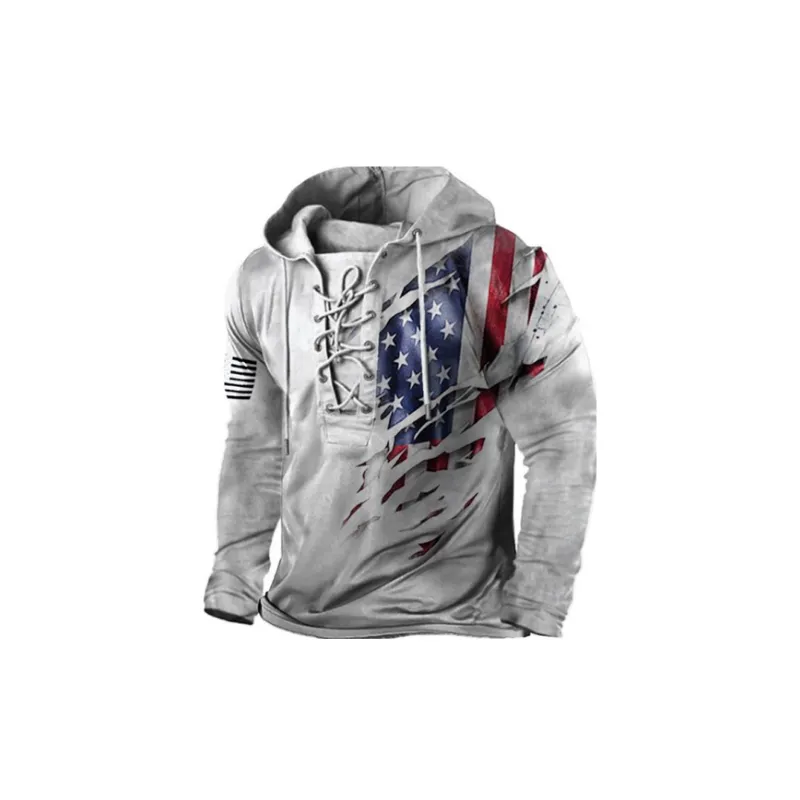 Retro Flag Printing Lace up Hoodie-3