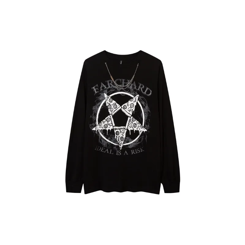 High Street Design Niche Star Print Round Neck Loose Necklace Long Sleeve T Shirt-2