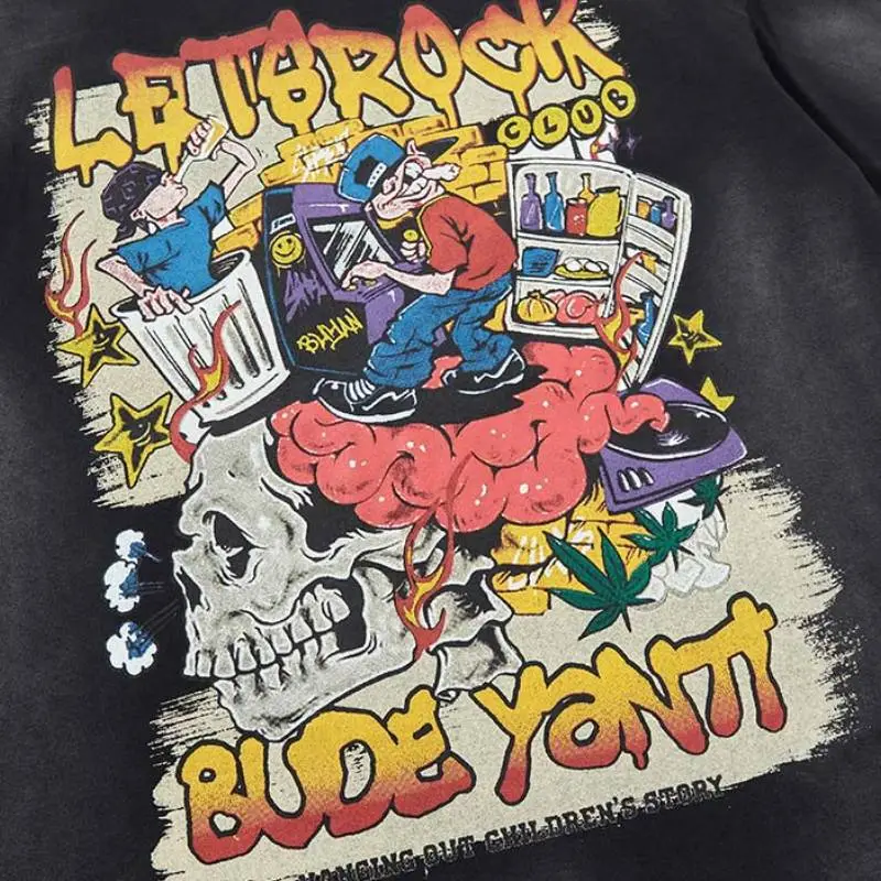 Cartoon Distress Cotton Blended Fabric T Shirt-4