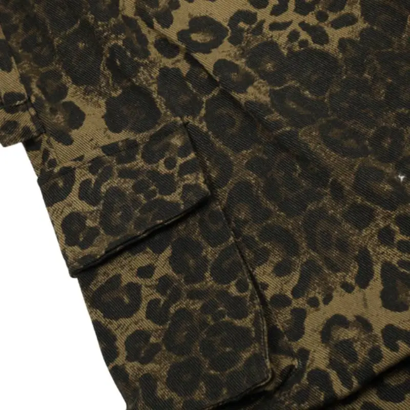 Retro Pleated Design Sense Multi Pocket Crane Pants Street Loose Straight Casual Leopard Print Pants-2