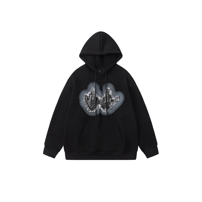 Chest Patch Decorative Solid Color Hooded Sweater-0