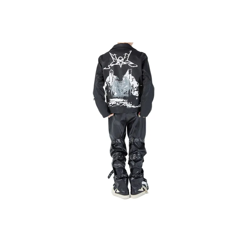 Zipper Dark Print Leather Jacket-3