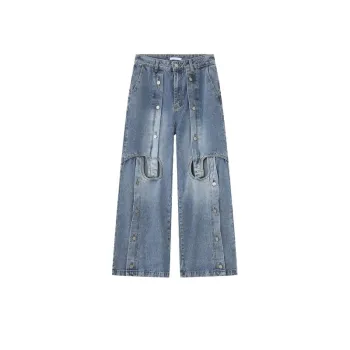 New Style Niche Metal Zippers Opposite Opening Ripped Hip Hop Denim Pants