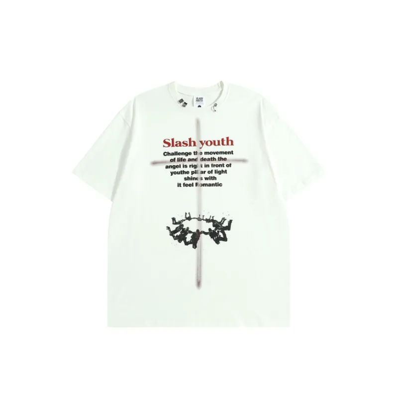 Retro Cross Letter Print Short sleeved T shirt-4