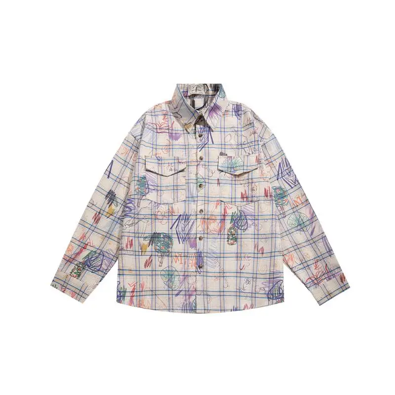 Retro Painted Graffiti Print Plaid Long Sleeve Shirt