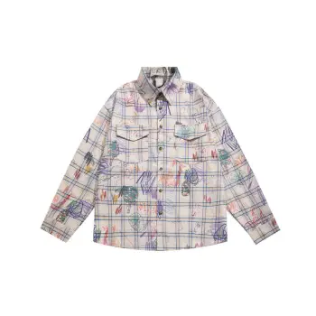 Retro Painted Graffiti Print Plaid Long Sleeve Shirt