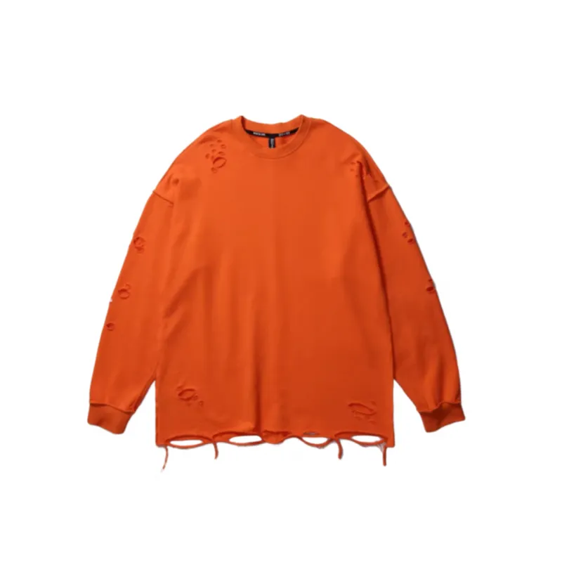 Solid Color Simple Distressed Long Sleeve Sweatshirt