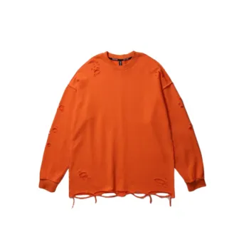 Solid Color Simple Distressed Long Sleeve Sweatshirt