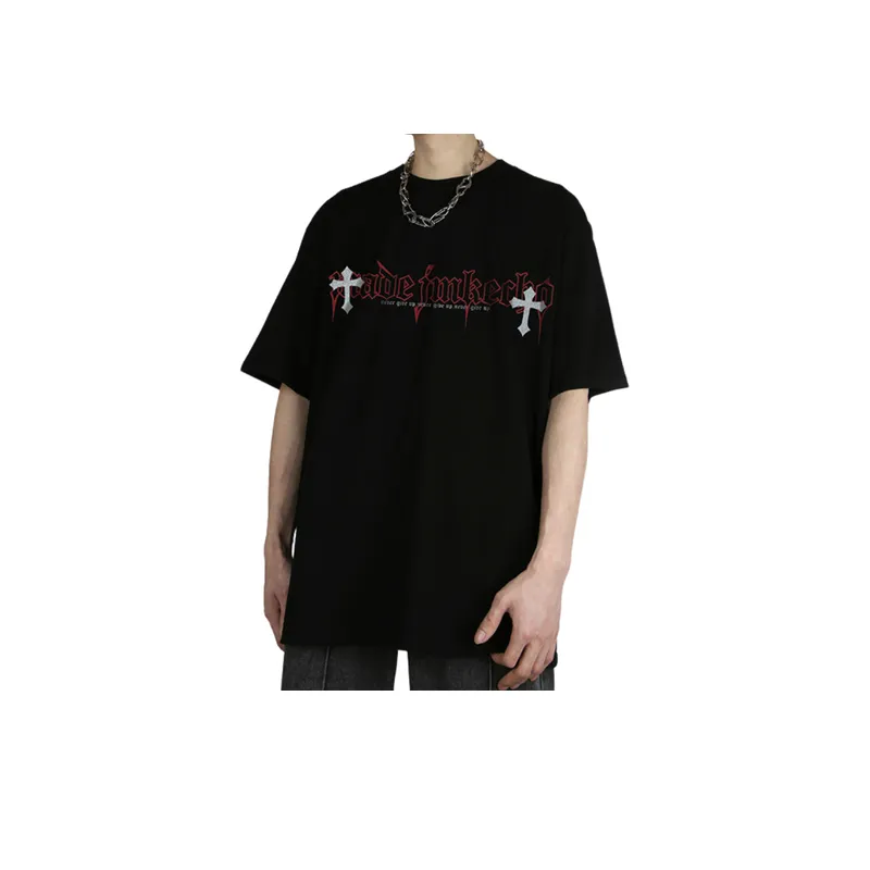 Vintage Cross Printed Washed Short sleeved T shirt-4