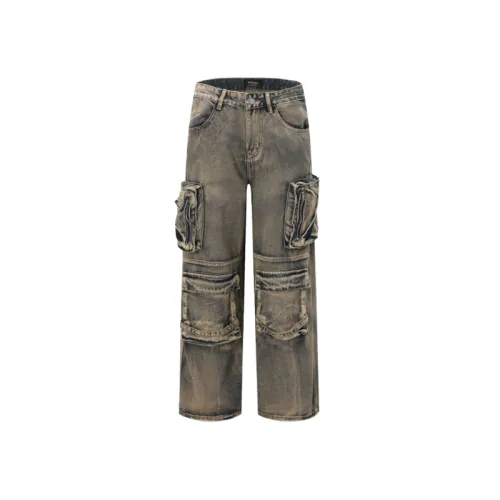 High Street Washed Old Stitching Multi-Pocket Denim Crane Pants