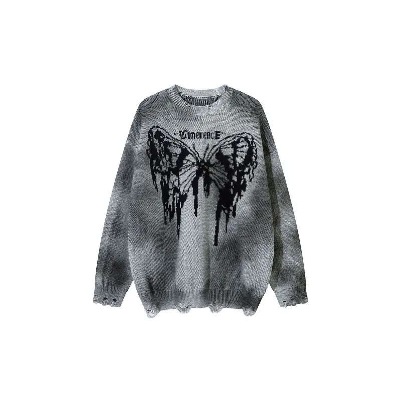 Street Tie Dye Butterfly Loose Cotton Blended Fabric Sweater-0