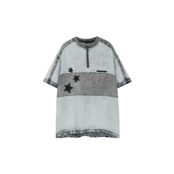 Color Denim Washed Old Zipper Collar Short sleeved T shirt