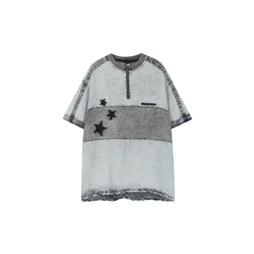 Color Denim Washed Old Zipper Collar Short sleeved T shirt
