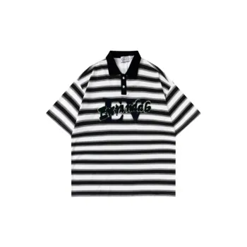 Loose Embroidery Striped Polo Shirt