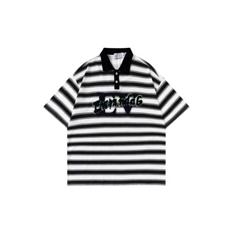 Loose Embroidery Striped Polo Shirt-4