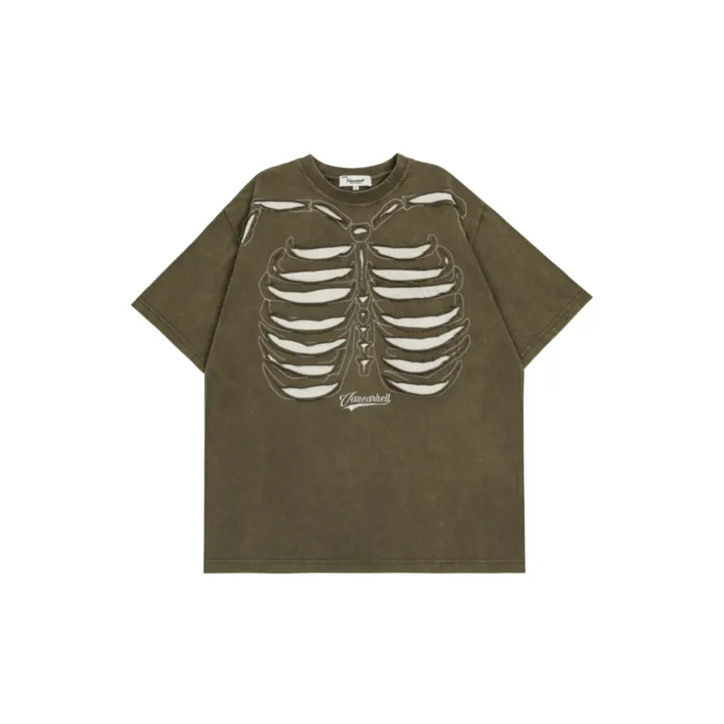 Vintage Washed Dressed Cloth Rip Skeleton Short sleeved T shirt