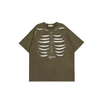 Vintage Washed Dressed Cloth Rip Skeleton Short sleeved T shirt