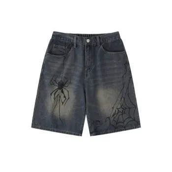Trendy Spider Print Denim Shorts