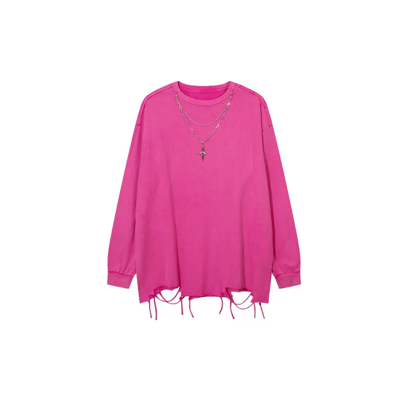 Original Small Batch Creative Rips and Washed Necklace Pullover Versatile Style Hoodie-2