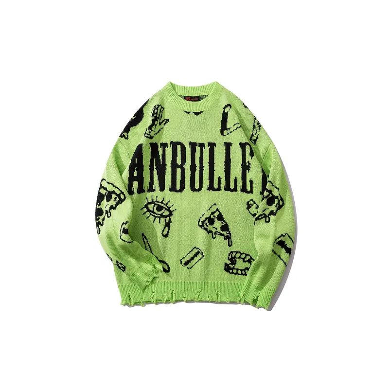 Fashion Brand Hip Hop Graffiti Hole Jacquard Pattern Knitted Sweater-3