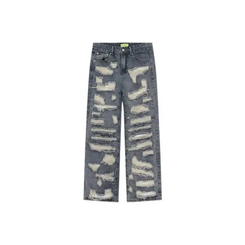 Blue Patch Ripped Straight Loose Pants