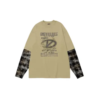 Fake Two piece Camouflage Stitching Maillard Style Loose Crewneck Cotton Top