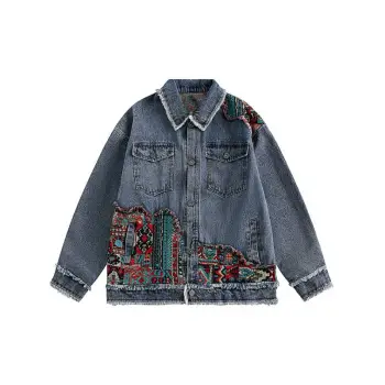 Contrasting Ethnic Style Patchwork Frayed Denim Jacket