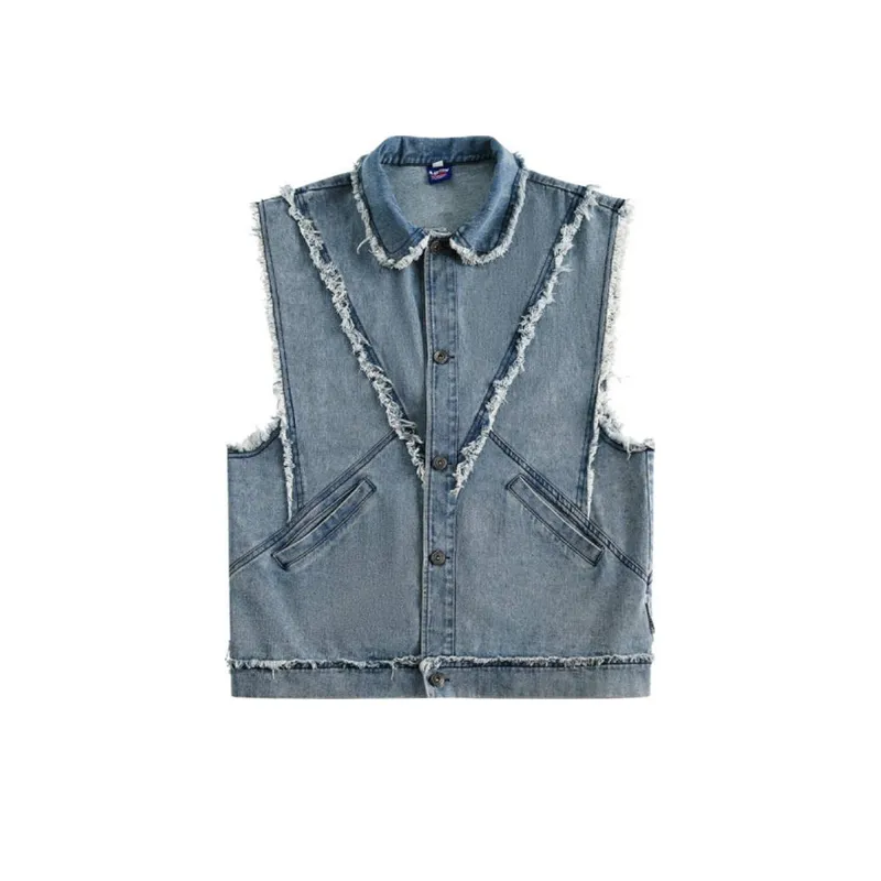 Raw Edge Splicing Denim Vest-0
