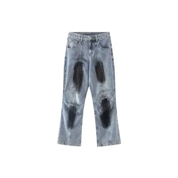 Trendy Contrast Color Pleated Washed Old Denim Straight Trousers