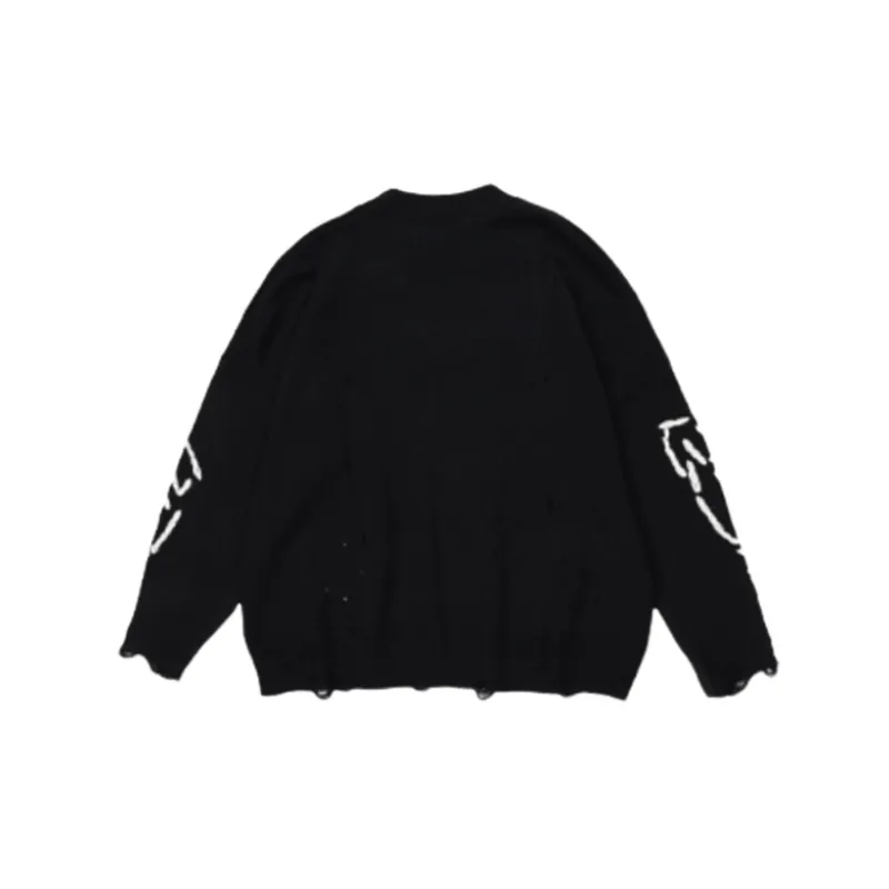 Trendy Embroidered Letters Ripped Crewneck Loose Knitted Sweater-1