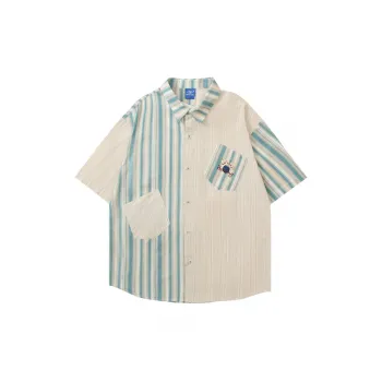Retro Loose Striped Color blocked Embroidered Casual Short sleeved Shirt
