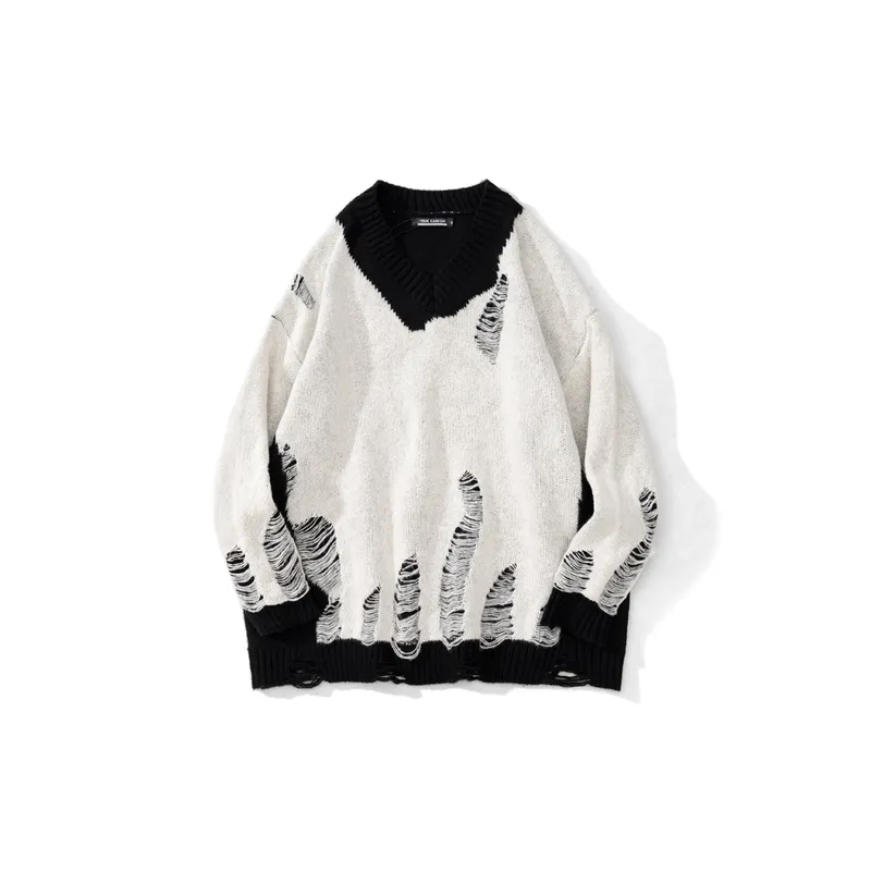 Design Sense Stitching Outer Wear Knitwear V Neck Lazy Pullover Loose Neutral Sweatshirt-0