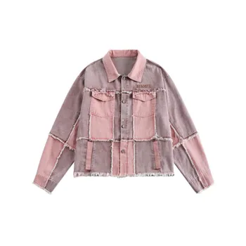 Stitching Edge Laps Color block Cardigan Denim Jacket