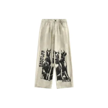 Retro Dirty Washing Doberman Pinel Printed Loose Loose Straight Leg Pants