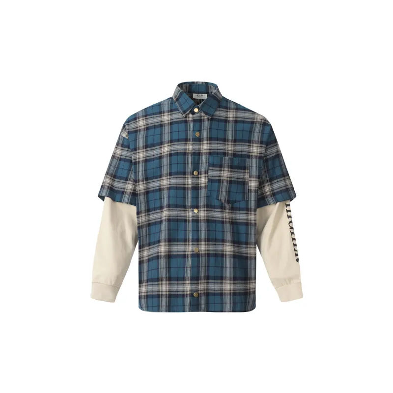 Hip Hop Long Sleeve Fake Two Piece Plaid Shirt-0
