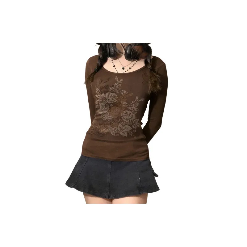 Casual Print Long Sleeve T Shirt Women-4