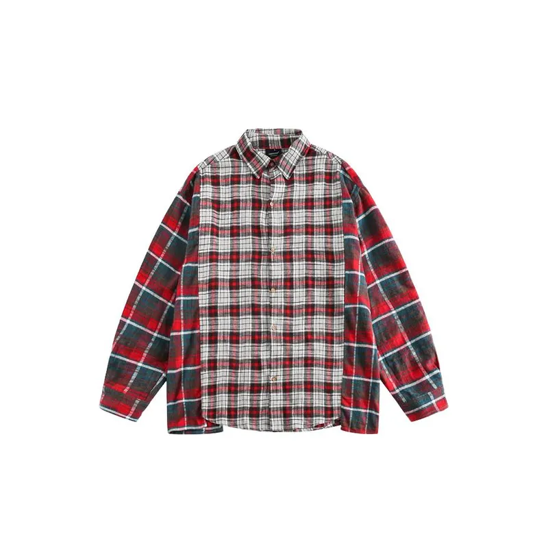 Retro Plaid Stitching Design Long Sleeve Shirt-4